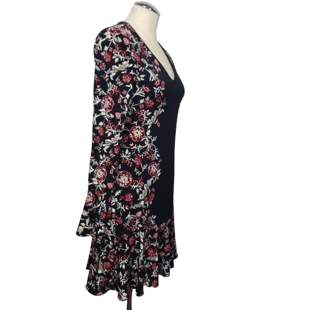White House Black Market V Neck Black Red White Floral Long Sleeve Dress XS - Picture 2 of 7